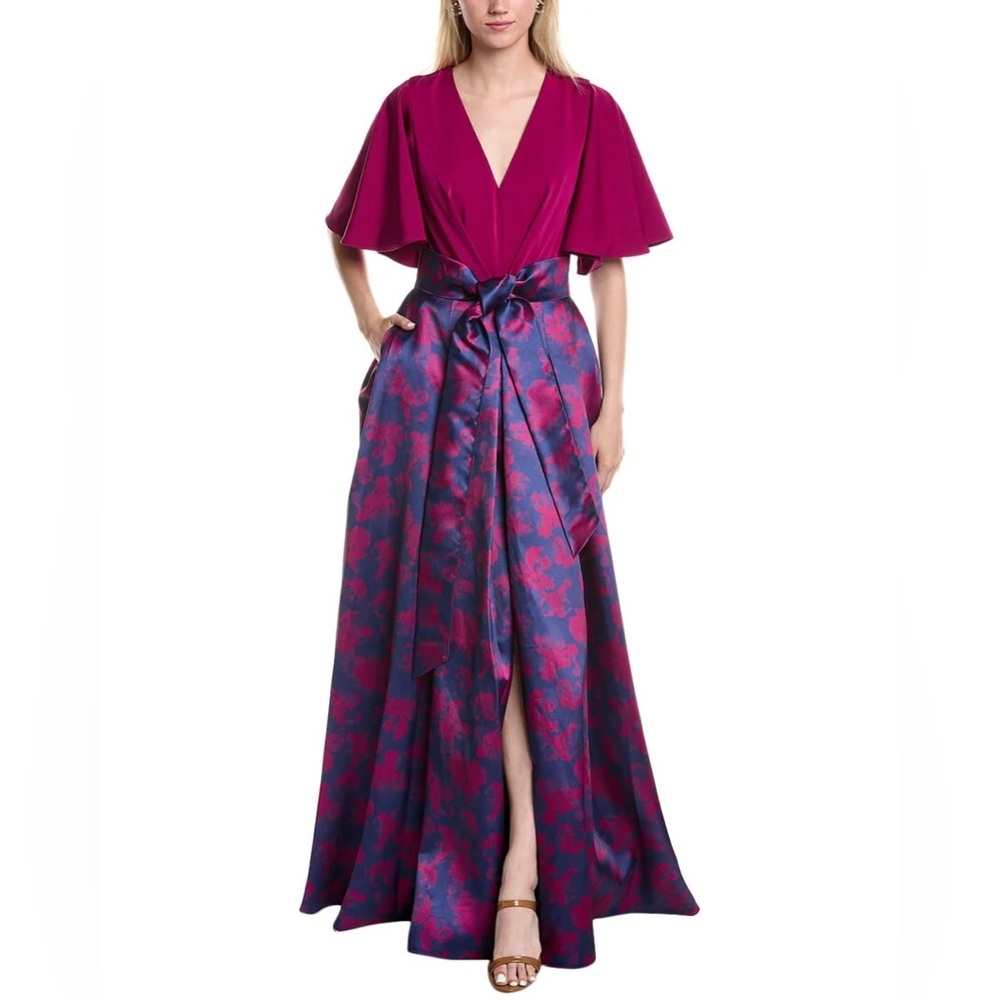 Rene Ruiz Fuchsia Top with Navy Floral Satin Maxi